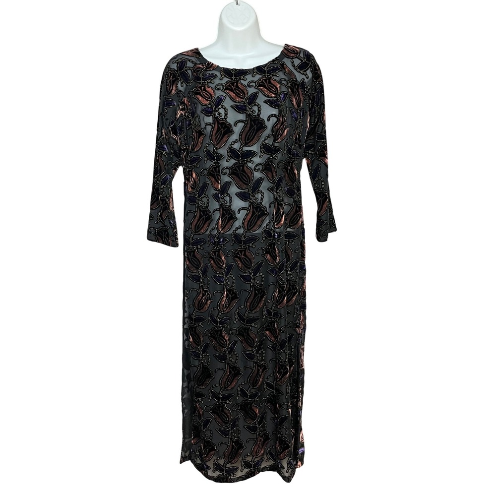 Ao Dai Velvet Sheer Floral Vietnamese Split Tunic Dress Black Gold Dots Delicate